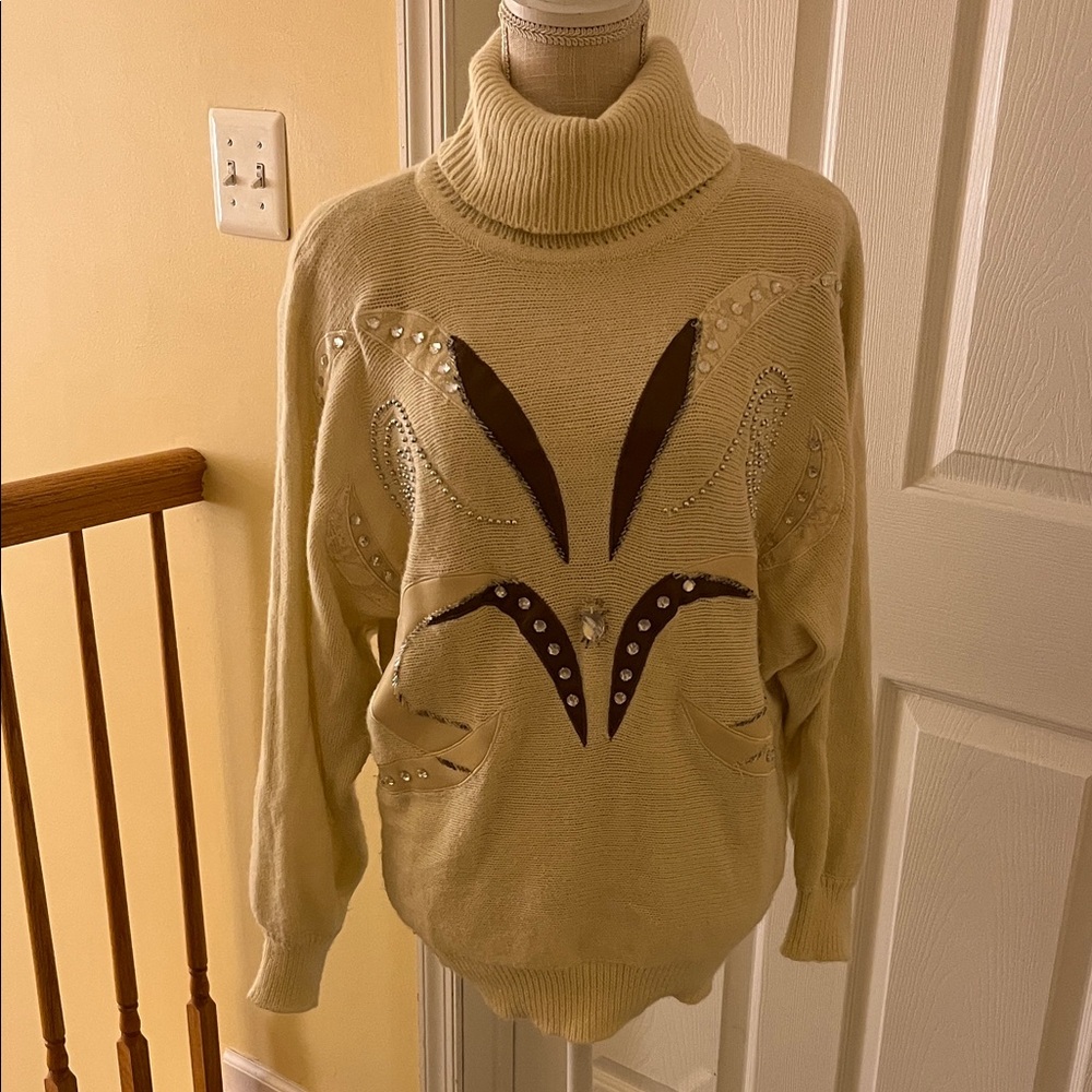 Vintage Jason Maxwell Beige Turtleneck Sweater with Embellishments